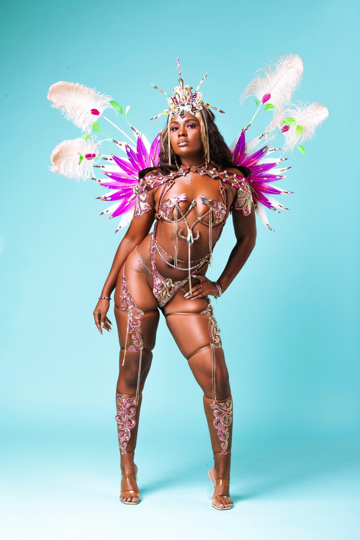 Pretty Mas carnival piece — pink crown and magenta feather wings