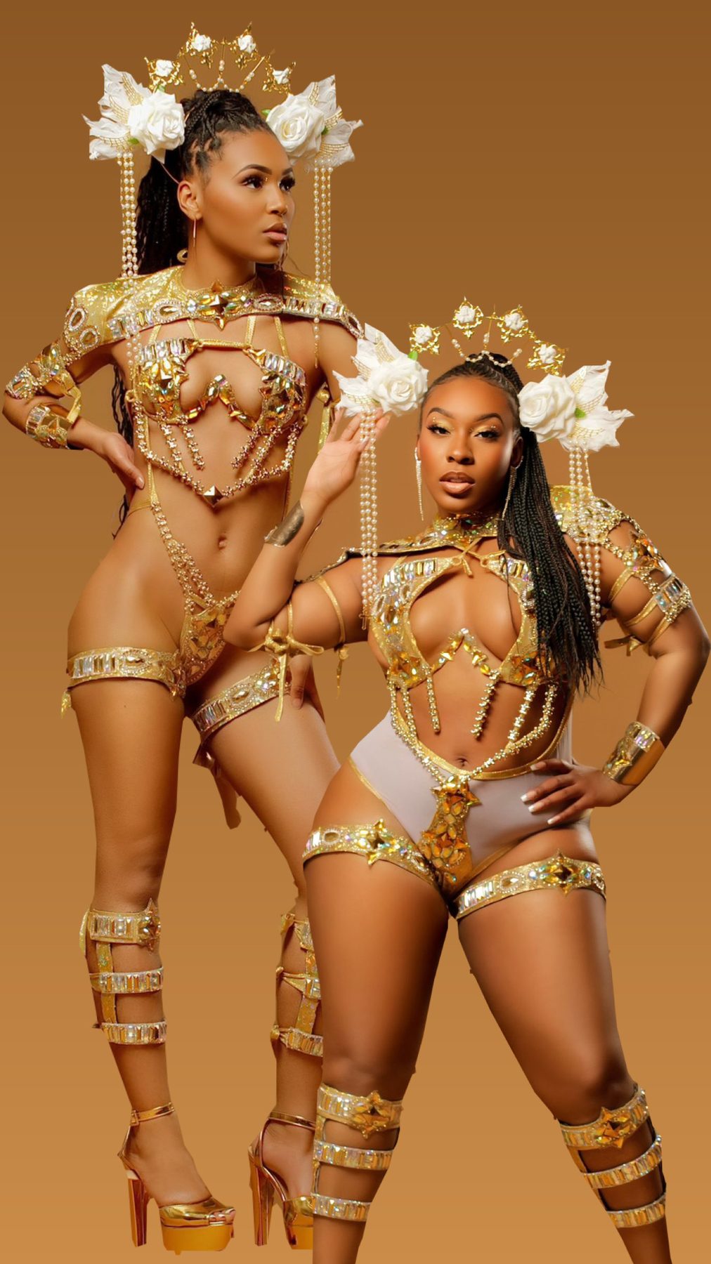 Pretty Mas carnival commission — two models in gold bejeweled pieces with white rose crowns